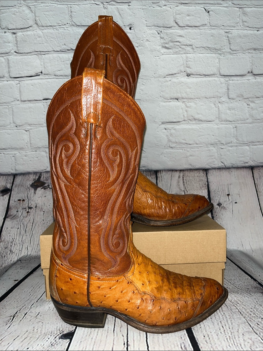 Vintage Tony Lama Exotic Full Quill Ostrich & Leather Western Cowboy Boots